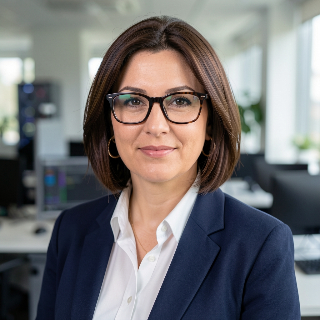 Selin Yıldız, dijital güvenlik uzmanı kadın gazeteci, otuzlu yaşlarda gözlüklü teknoloji ofisinde profesyonel portre